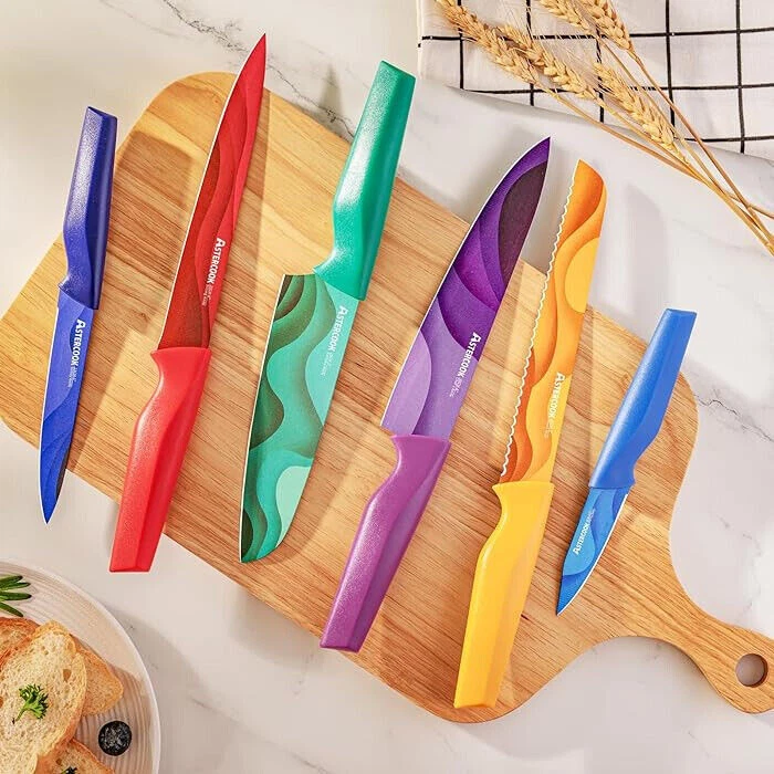 Astercook 6-Pc Stainless Steel Knife Set - Rainbow, Ergonomic, With Sheaths