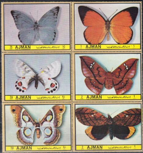 AJMAN T2123-2128 BK LIGHT BUTTERFLIES PERFORATED SET BLOCK