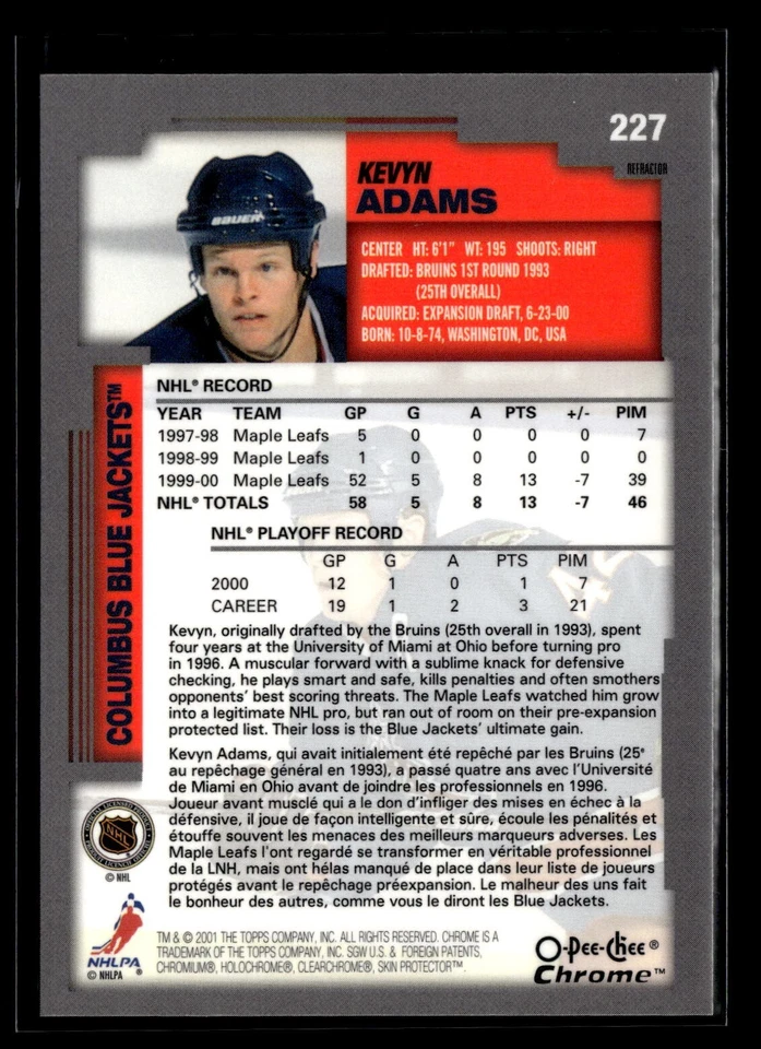 2000 O-Pee-Chee Chrome OPC Refractor #227 Kevyn Adams Blue Jackets - Image 2 of 2