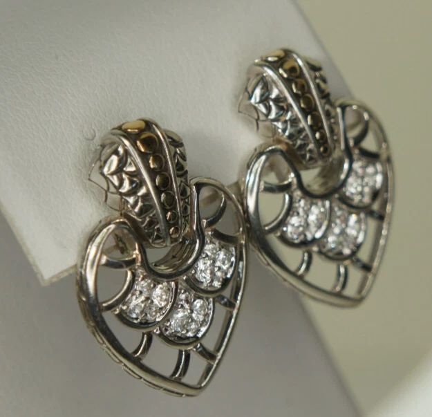 Pendientes John HARDY 925 Plata 750 Oro Punto Corazón Llamador Puerta 12 Zafiro Blanco Foto 3 de 4
