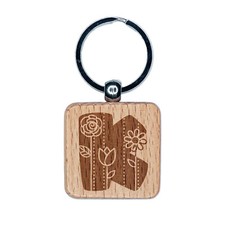 Sweet and Cute Flowers Rounded Block Letter K Engraved Wood Square Keychain