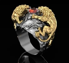 Lion Two Head Ring Gift to Him Lion Diamond Ring, Mens Lion Ring, mens gold ring