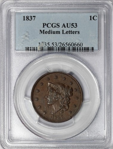1837 1c Medium Letters Matron Head Large Cent PCGS AU 53 - Picture 3 of 5