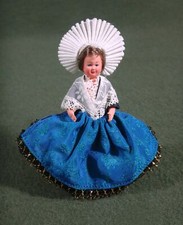 vintage celluloid doll FRENCH PETITCOLON GIRL ethnic folk DRESS lace and taffeta