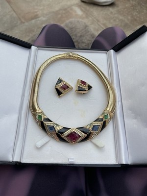 Vintage Dior 80er Schmuckset Collier + Ohrringe   vergoldet Emaille   mit Box