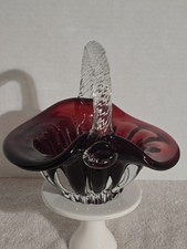 Beautiful Ruby Red Glass Basket With Clear Rope Glass Handle made in Romania