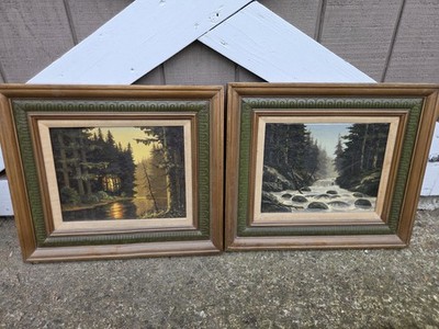 Vintage Mid Century Forest & River Lanscape Original Oil Paintings