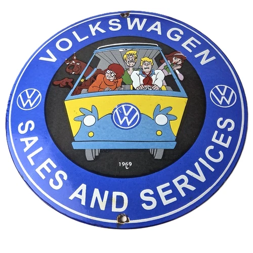 Vintage Volkswagen Sign - Porcelain VW Bus Service Scooby Doo Gas Sign
