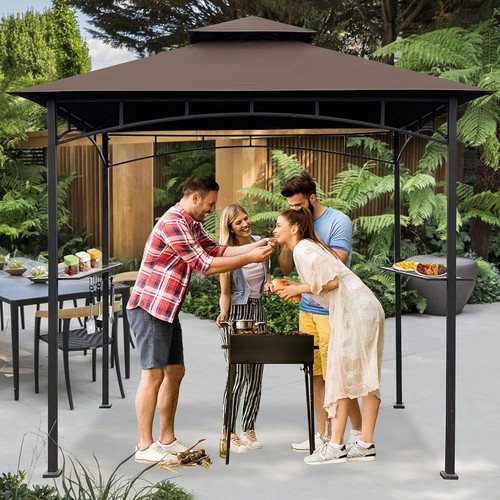 8 x 5 Grill BBQ Gazebo Double Tiered Replacement Canopy Roof Outdoor Brown - Picture 6 of 7