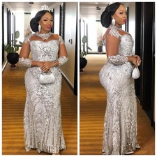 Aso Ebi Silver Lace Bead Ball Dress Single Neck Mermaid Satin Lace Evening Gown