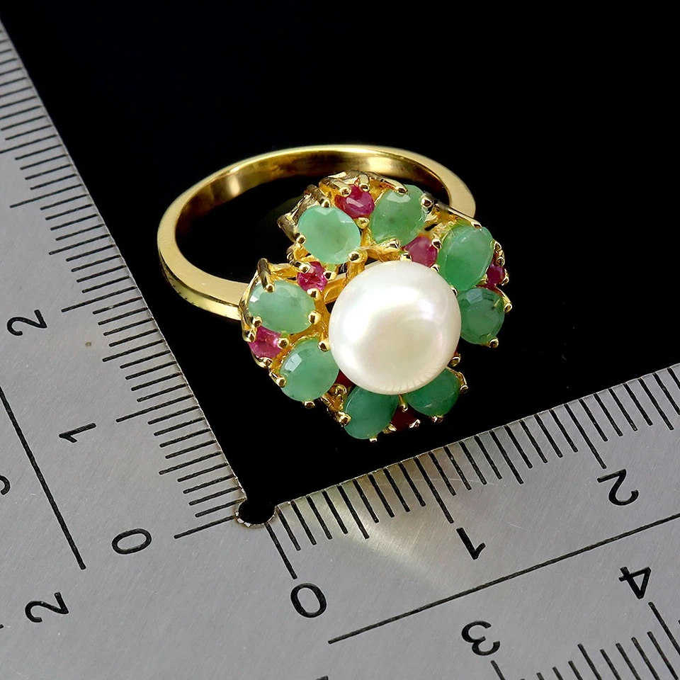 Anillo de plata de ley 925 pera esmeralda rubí perla piedras preciosas naturales joyería talla 7 Foto 3 de 4