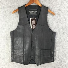 Vintage Y2K UNIK Leather Vest 36 Black Long Tall Snap Front Motorcycle Biker NWT