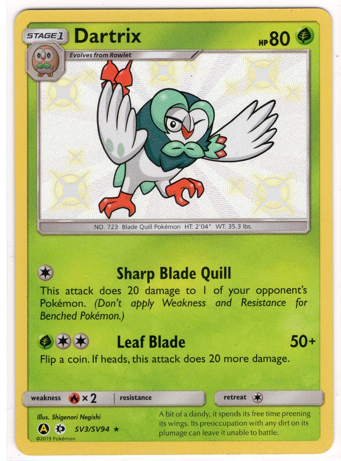 2019 Pokémon: Shiny Dartrix SV3/SV94 sun & moon: hidden fates NM 