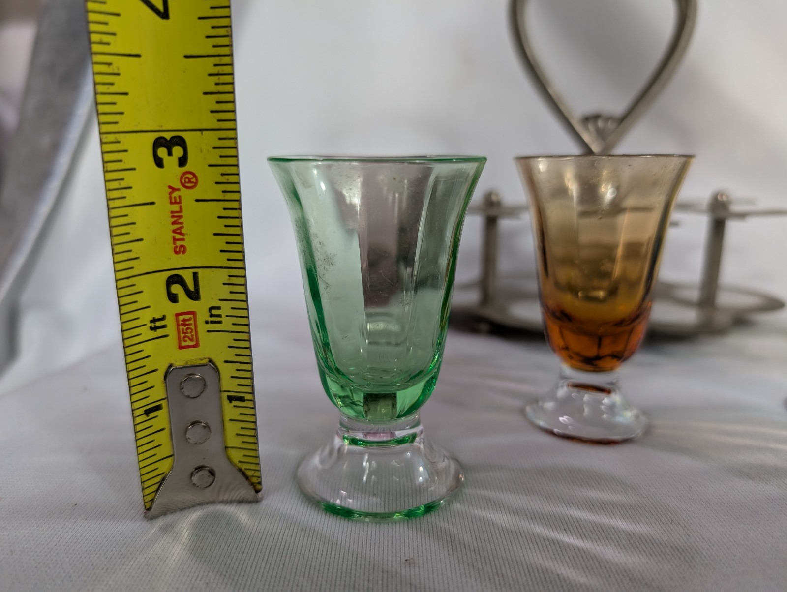 Vtg Colorful Cordial Shot Glass Set With Silver Tone Carrier Uranium Vaseline