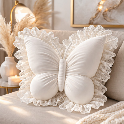 Butterfly Throw Pillow White Lace Ruffle Cushion Princess Sofa Bedroom Decor