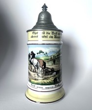 Antik Bauer Landwirt Zunftkrug Bierkrug mit Jagt Szene Lithophanie & Sinnspruch