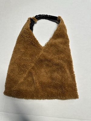 Brown Hobo Shoulder Bag Faux Fur and Black Top Handle