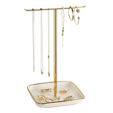 Jewelry Holder Stand with Ceramic Base: 12" Tall Necklace Organizer Rack, Tre...