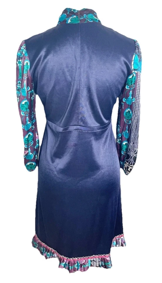 Vestido Custo Barcelona Azul Floral Seda Imperio Cintura Lazo Mod Talla 1 Pequeño Foto 3 de 4