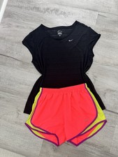 Nike Dri-Fit Womens 2-Piece Running Set Black Top Neon Coral Shorts Size M