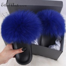 Women's Real Farm Fox Fur Fluffy Slippers Furry Slides Sandals Outdoor Y6