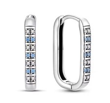 925 Sterling Silver Hoop Earrings with Blue & Clear CZ Stones Modern Design Gift