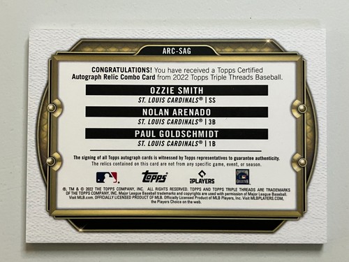 2022 Triple Threads OZZIE SMITH/NOLAN ARENADO/GOLDSCHMIDT Wood 1/1 Auto Patch - Picture 7 of 7