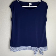 Elle Womens Navy Cap Sleeve Size Med Blouse Blue Round Neck Stripe Ribbon Waist