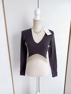 🌸 Graues Langarm Strick Shirt 🤩 Bauchfrei V-Ausschnitt Steinchen Blogger 38 - Bild 1 von 4