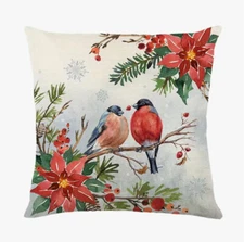 Cardinal Poinsettia Christmas Throw Pillow Cover Winter Holiday Home Decor