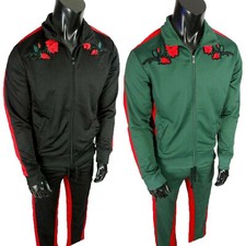 Mens Tracksuit Set Jacket Sweatpant 124 Embroidered Roses Red Sport Stripe WT02