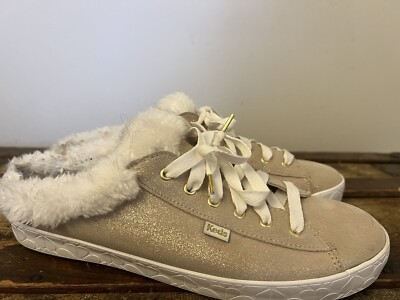 Kate Spade Gold Glitter Fuzzy Keds Tennis Shoe Slides 11