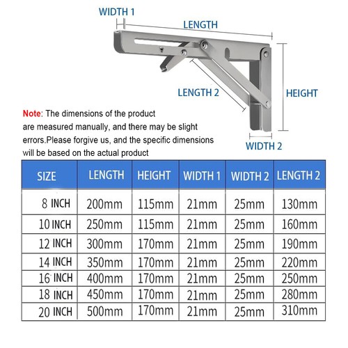 2/4PCS Heavy Duty Folding Table Bracket Stainless Steel Wall Shelf Bench 8"-20" - Picture 6 of 13