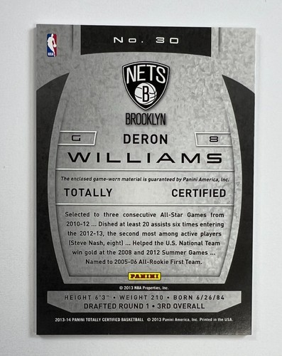 2013-14 Panini Totally Certified Deron Williams Relic AR86 - Picture 2 of 2