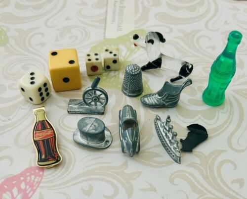 Original Vintage 1961 Monopoly Set of 8 Pewter Tokens 4 Dice Game Pieces - Picture 1 of 4