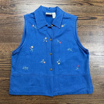 #ad Vintage Napa Valley Vest Womens Large Blue Floral Embroidered Button Front Top $29.99