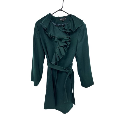 sofia cashmere Women Green Wool Cashmere Blend Ruffle Collar Belted Coat Size 10