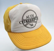 Vintage 1986 Audi Challenge Snapback Motorsport Trucker Hat Cap Yellow Mesh