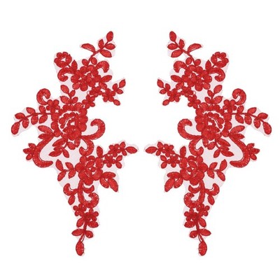 2Pcs Bright Red Flower Lace Appliques for Wedding Bridal Dress 10x5 Inches