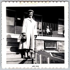 Vtg B&W Snapshot Fashion Woman Easter Overcoat Pillbox Hat Porch Steps 1955