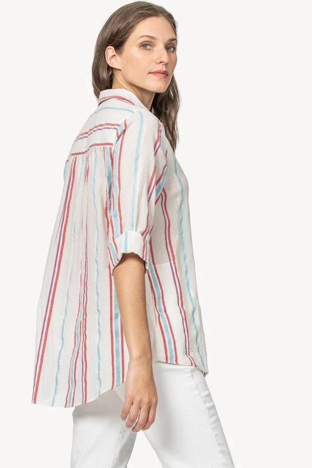 Túnica a rayas teñida hilo Lilla P con bolsillos popover playa manga 3/4 algodón Foto 2 de 4