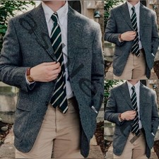 Gray Check Woolen Men's Suits Formal Business Notch Lapel Wedding Groom Tuxedo