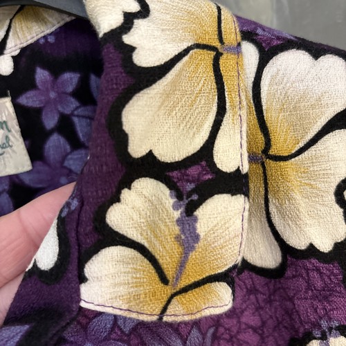 Camicia hawaiana viola Hilo Hattie XL tessuto corteccia bianco fiore di ibisco Lei Aloha - Foto 5 di 16