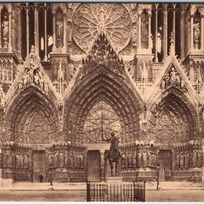 c1920s Reims, France Cathedral Grand Portal Equestrian Statue Gothic Rose A354