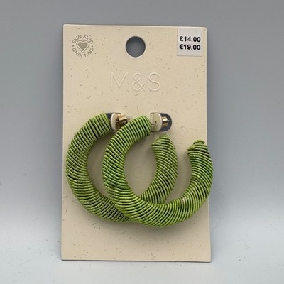 M&S Green Thread Wrapped Hooped Earrings Studs Hypoallergenic New!