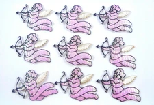 12 FLYING CUPID With Bow & Arrow FABRIC APPLIQUE PATCH Iridescent Pink
