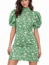 Zara Green Floral Mini Dress Puff Sleeve High Neck Size M New
