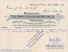 Farrel Foundry Iron Brass Copper Machinery RI Antique Advertising Receipt 1890
