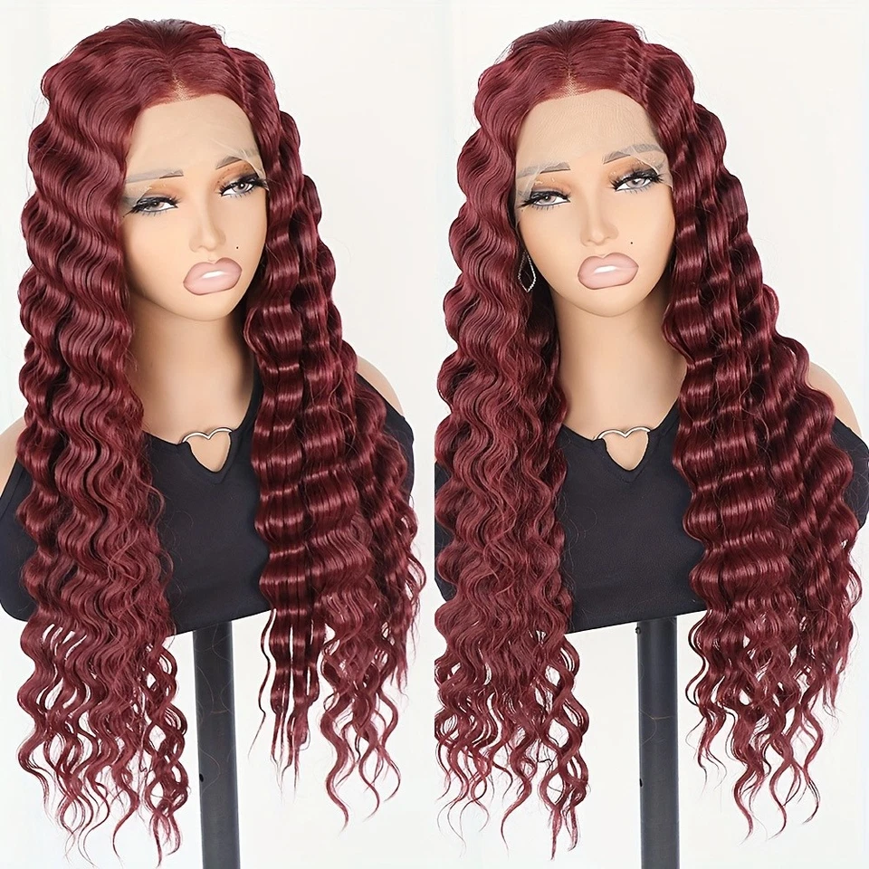 Pelucas delanteras de encaje de onda profunda 13x4 color rojo vino mujeres cabello largo rizado pre arrancado Foto 2 de 4