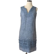 BLU No. 9 Blue 100% Linen Lined Shift Dress Womens XS Embroidered Ruffle Summer